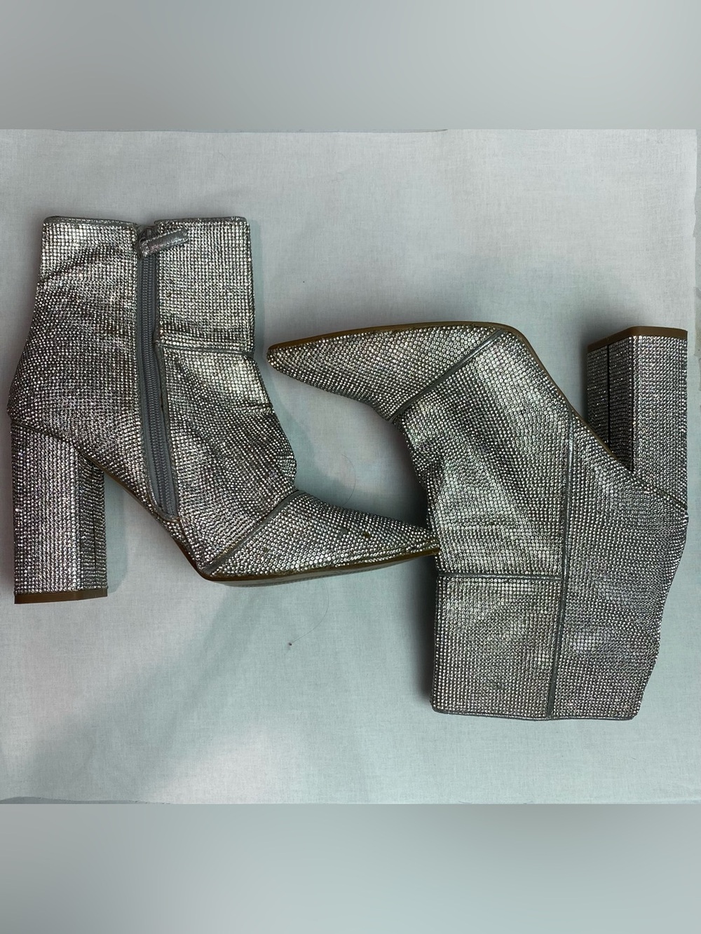 Steve Madden Silver Rhinestone Pointed Toe Block Heel Booties